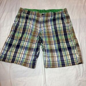 Madison Mens Plaid Shorts Size 38 Green Navy Blue Brown Cotton Flat Front Summer